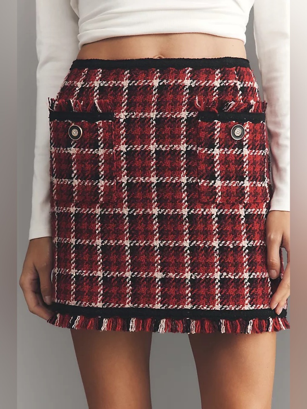 *WALTER BAKER* Anthropologie Red x Black Plaid Ada Tweed Mini Skirt Size 2